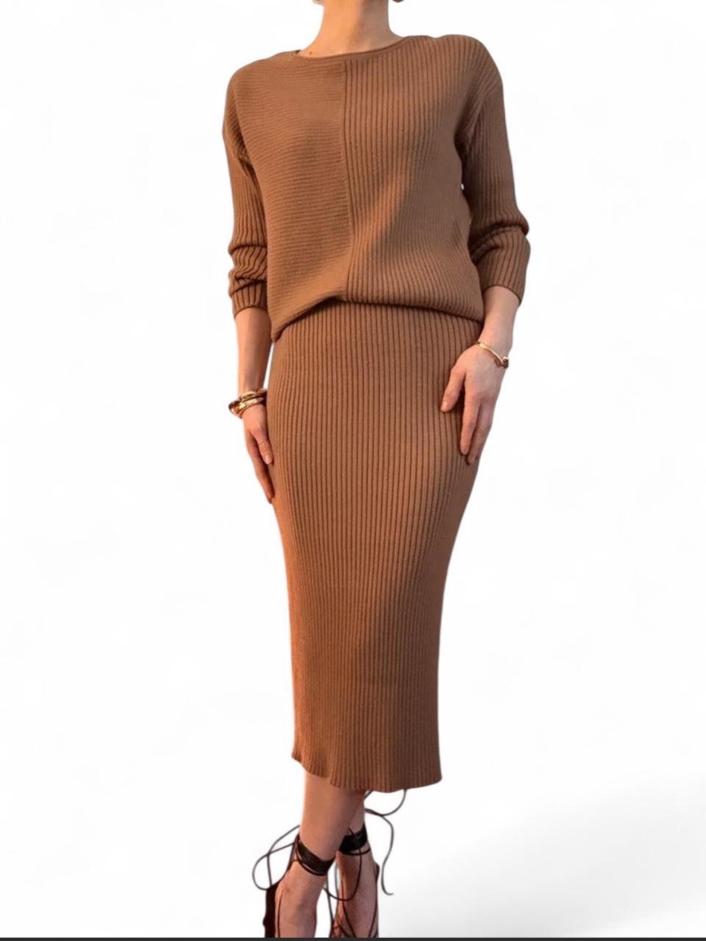 Tahari Ribbed Knit Midi Skirt in Camel Brown